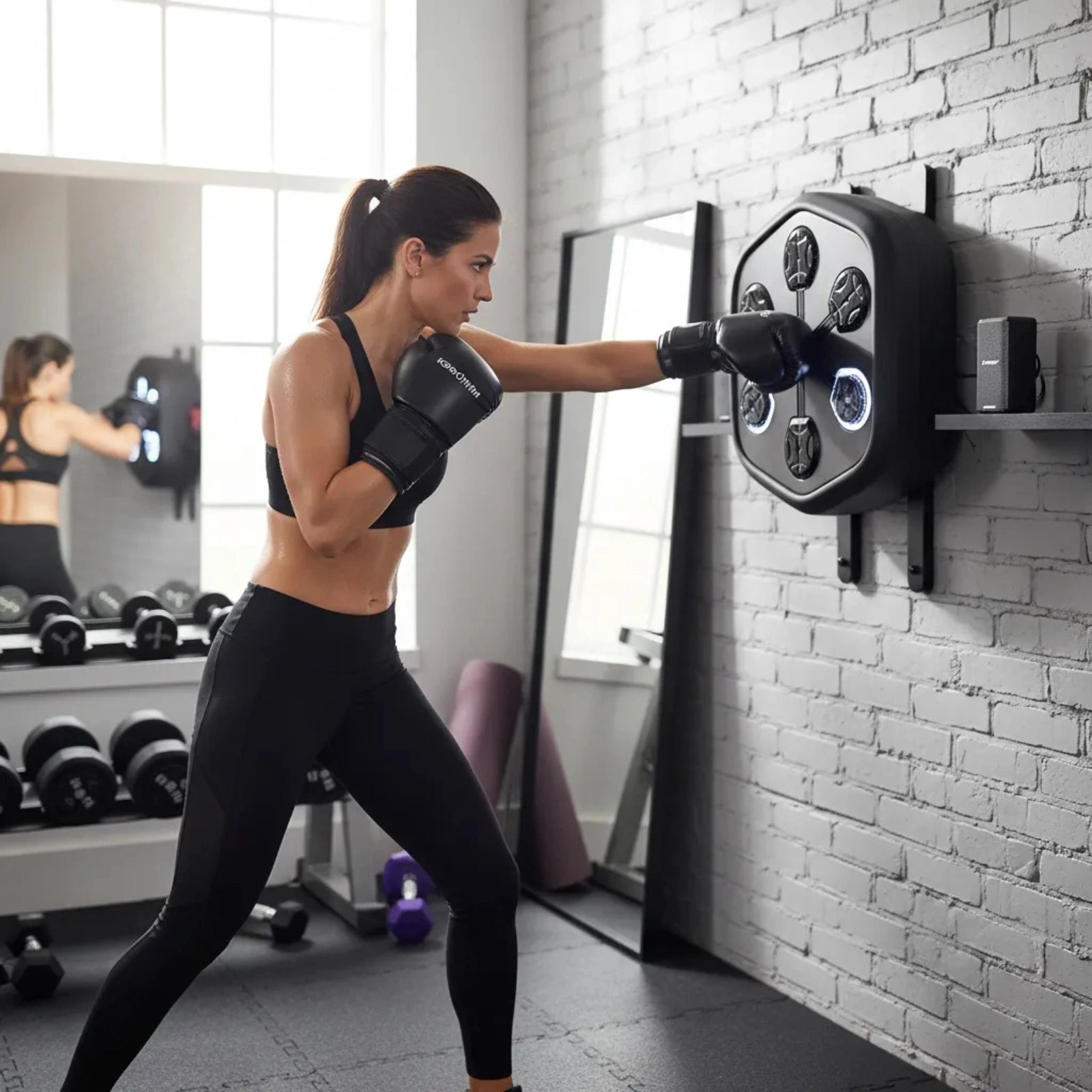 Smart boxing machine connected to a smartphone via Bluetooth, ready to play custom music playlists during training.