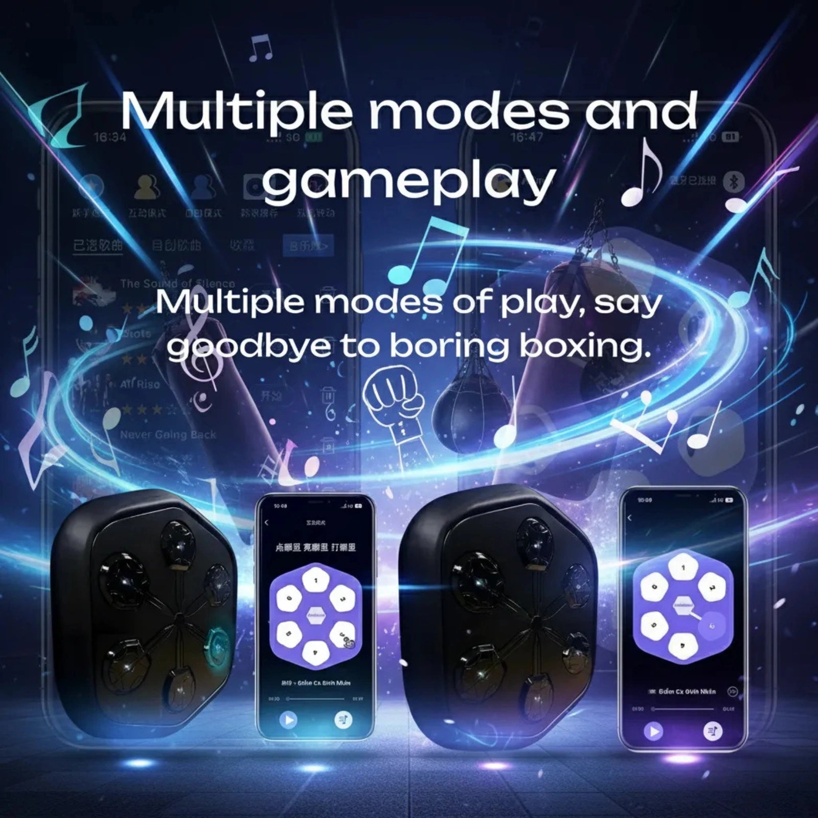 Action shot of boxing pads lighting up in sync with music rhythm, guiding the user for reaction speed training.