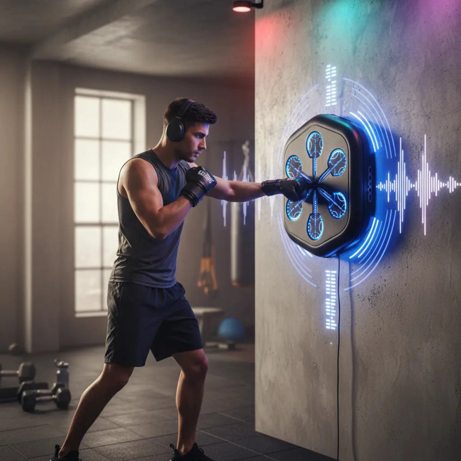 Size specifications of the wall-mounted music boxing machine illustrating its compact footprint and diameter details.