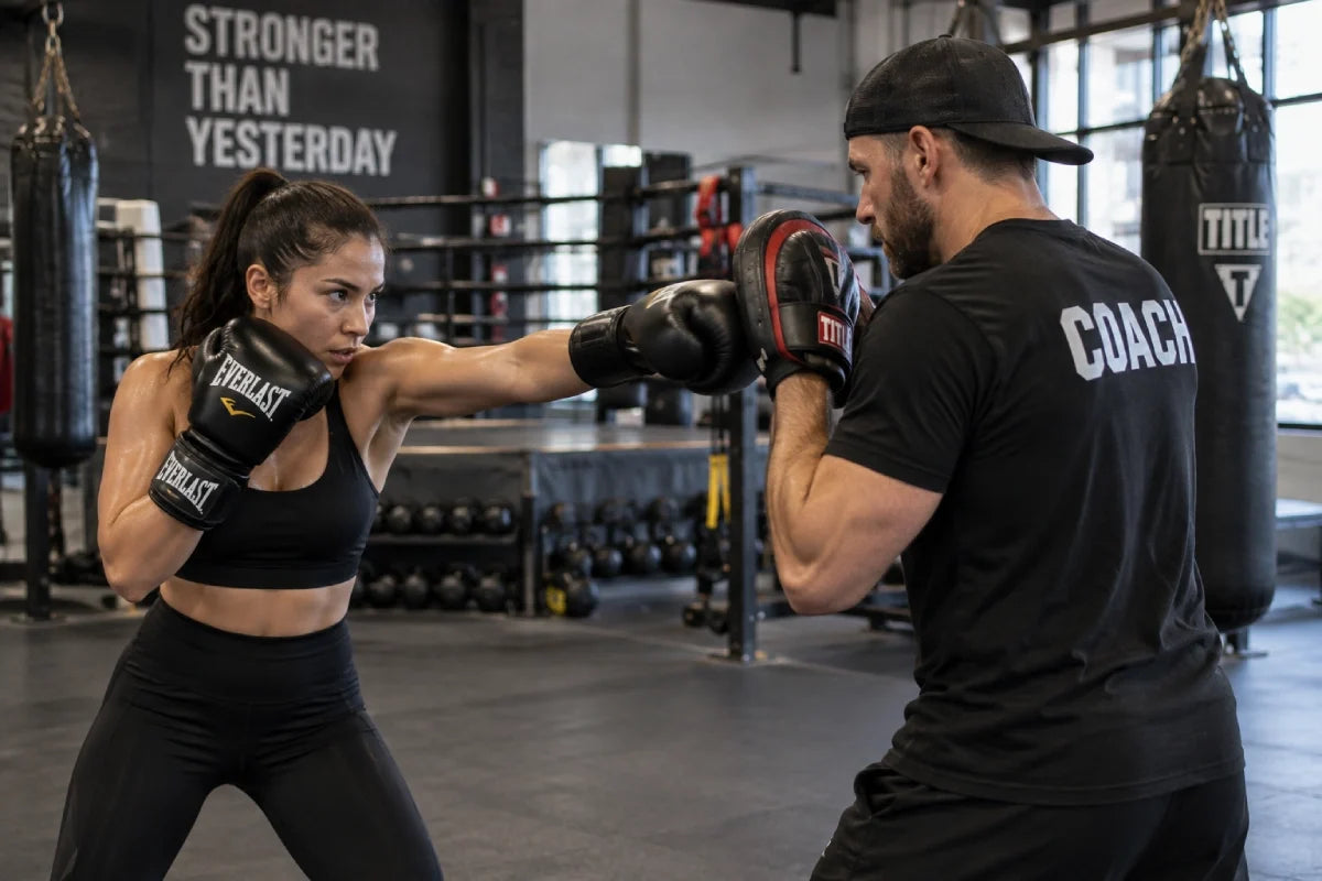 Adult boxer training with a coach inside a modern boxing gym