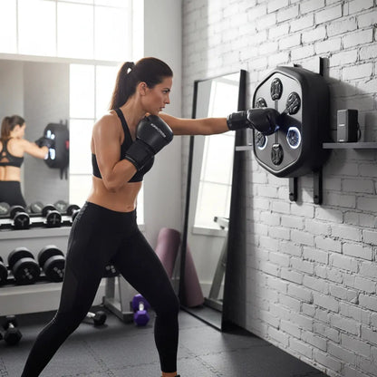Smart boxing machine connected to a smartphone via Bluetooth, ready to play custom music playlists during training.