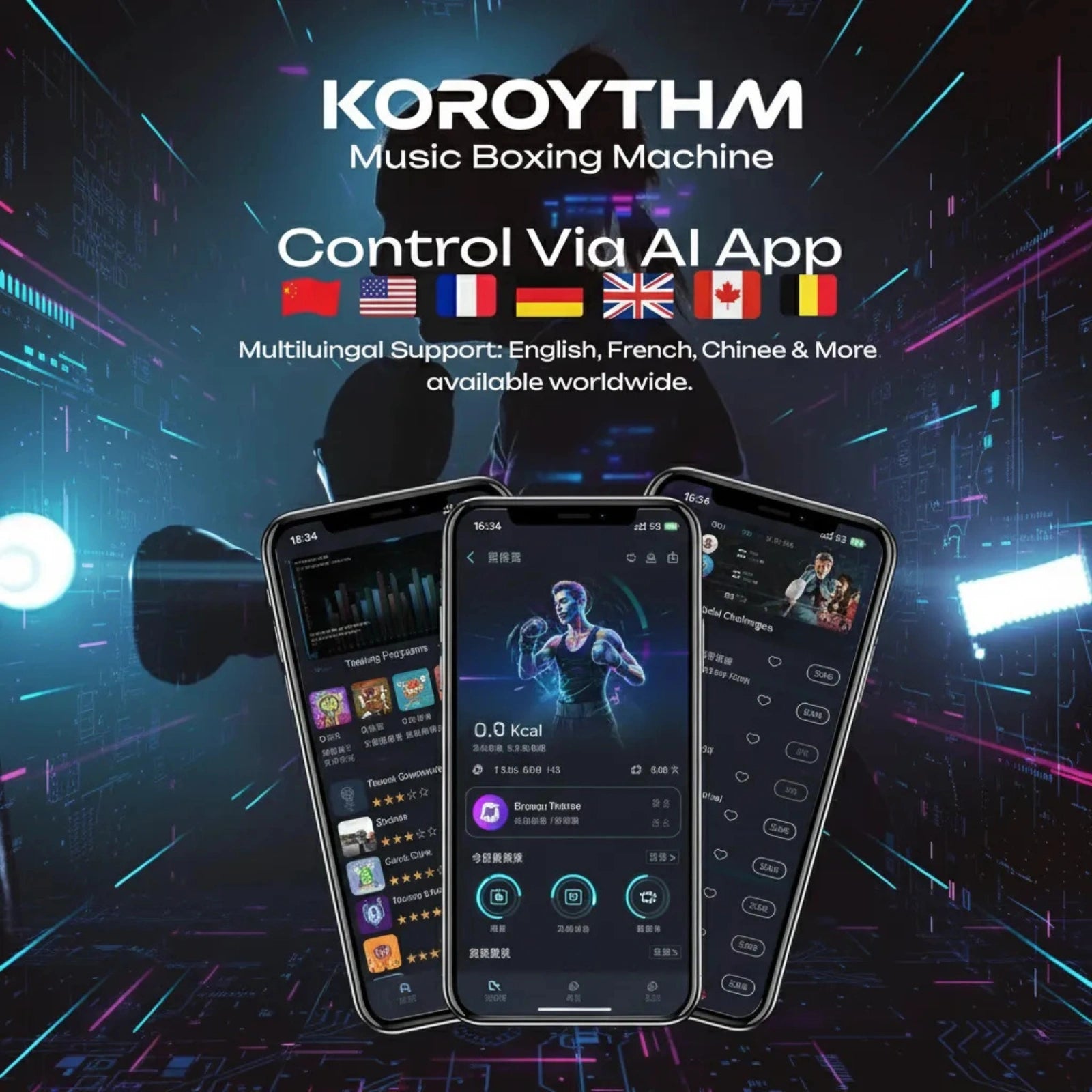 Complete package including the music boxing machine, a pair of boxing gloves, and USB charging cable, ideal as a fitness gift.