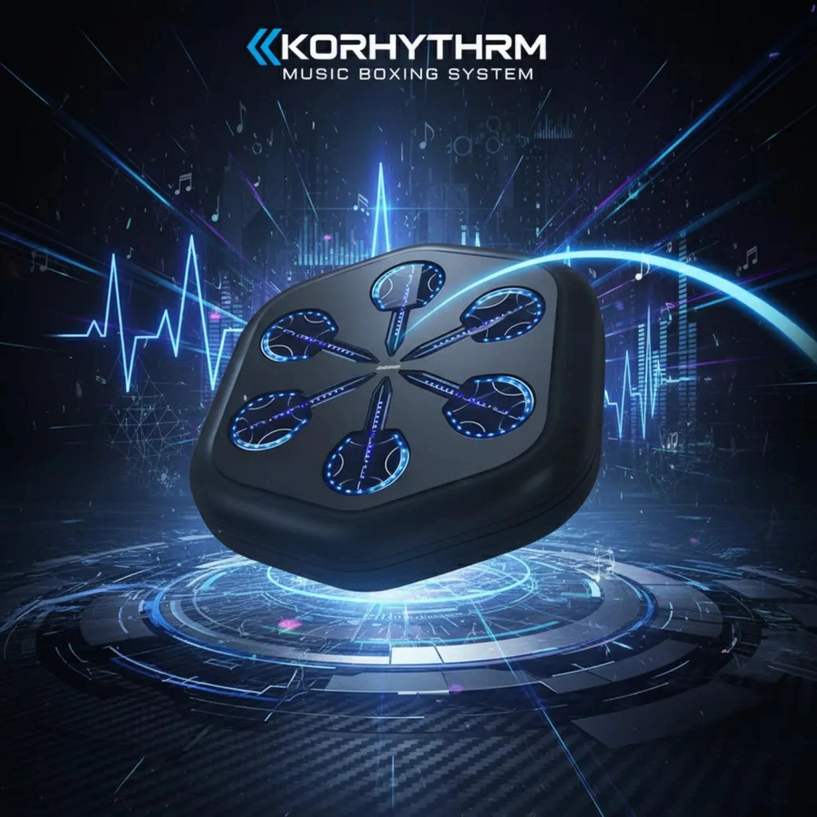 Front view of black smart music boxing machine with RGB LED lighting targets, designed for home wall-mounted workouts.