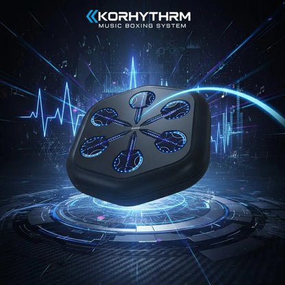 Front view of black smart music boxing machine with RGB LED lighting targets, designed for home wall-mounted workouts.
